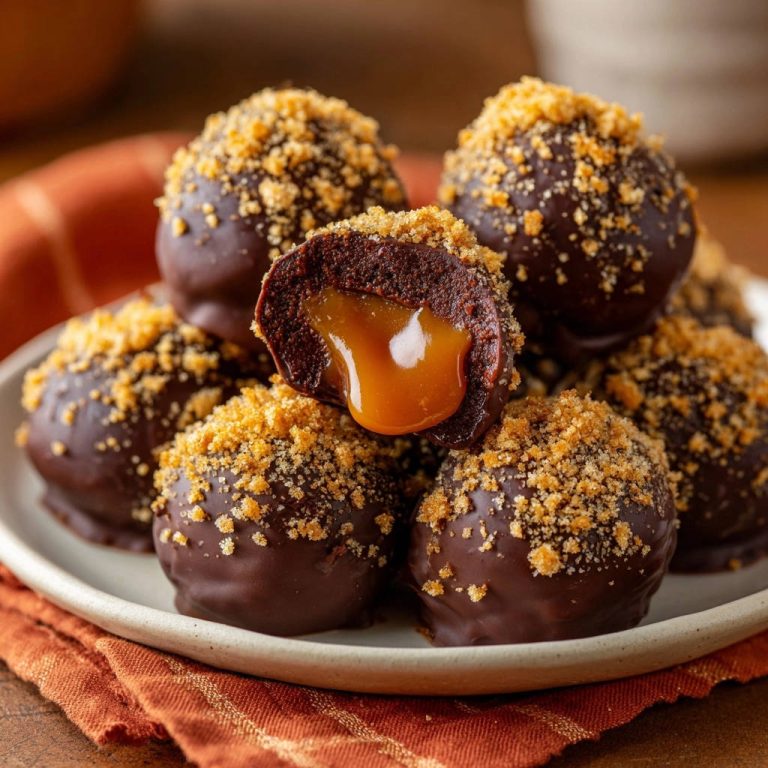 Chocolate caramel truffles cross-section showing a rich dark chocolate coating and a gooey, flowing caramel center.