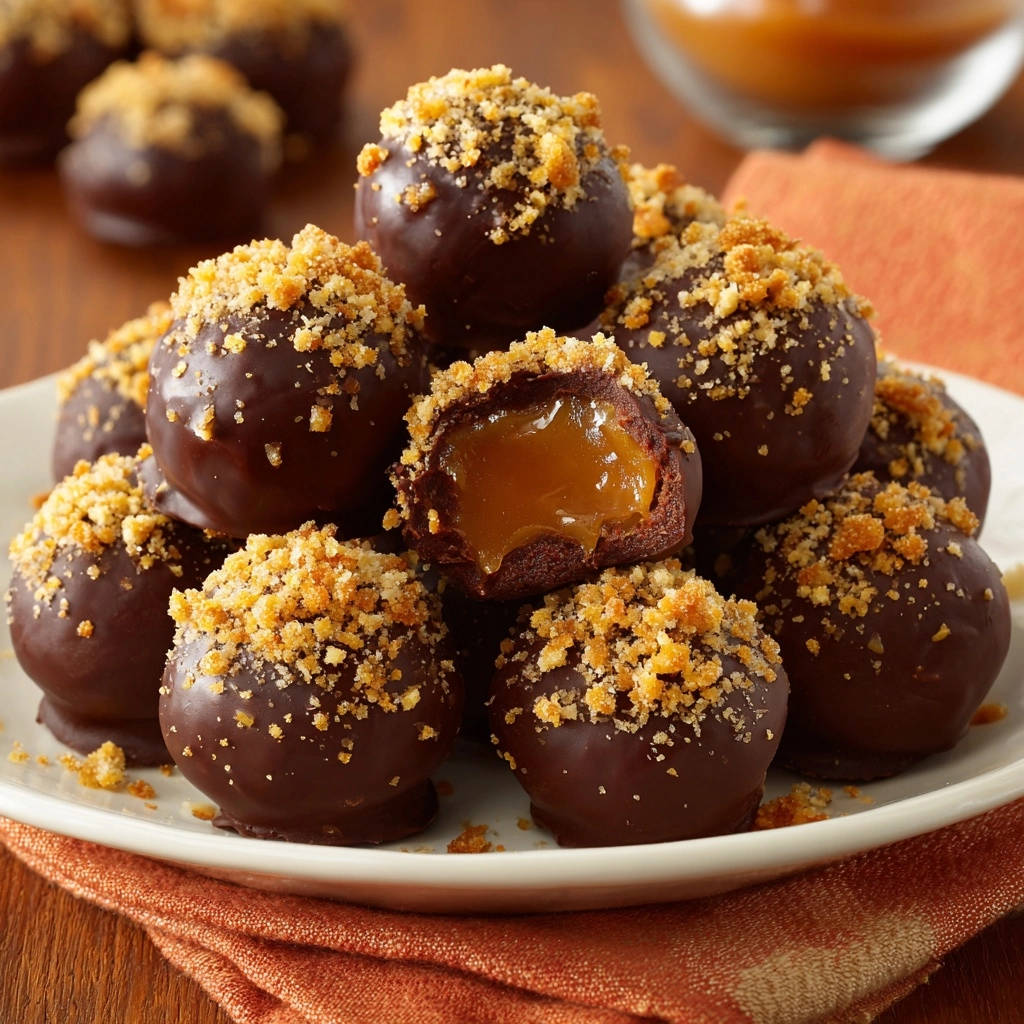 Chocolate caramel truffles with a cross-section revealing a flowing caramel center and crumbled topping.