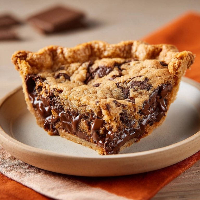 Chocolate chip cookie pie showing a gooey, melted chocolate interior slice on a rustic plate.