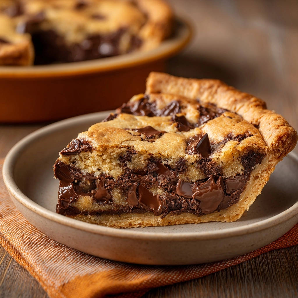 Chocolate chip cookie pie slice cross-section showing layers of gooey chocolate chips and baked cookie dough.