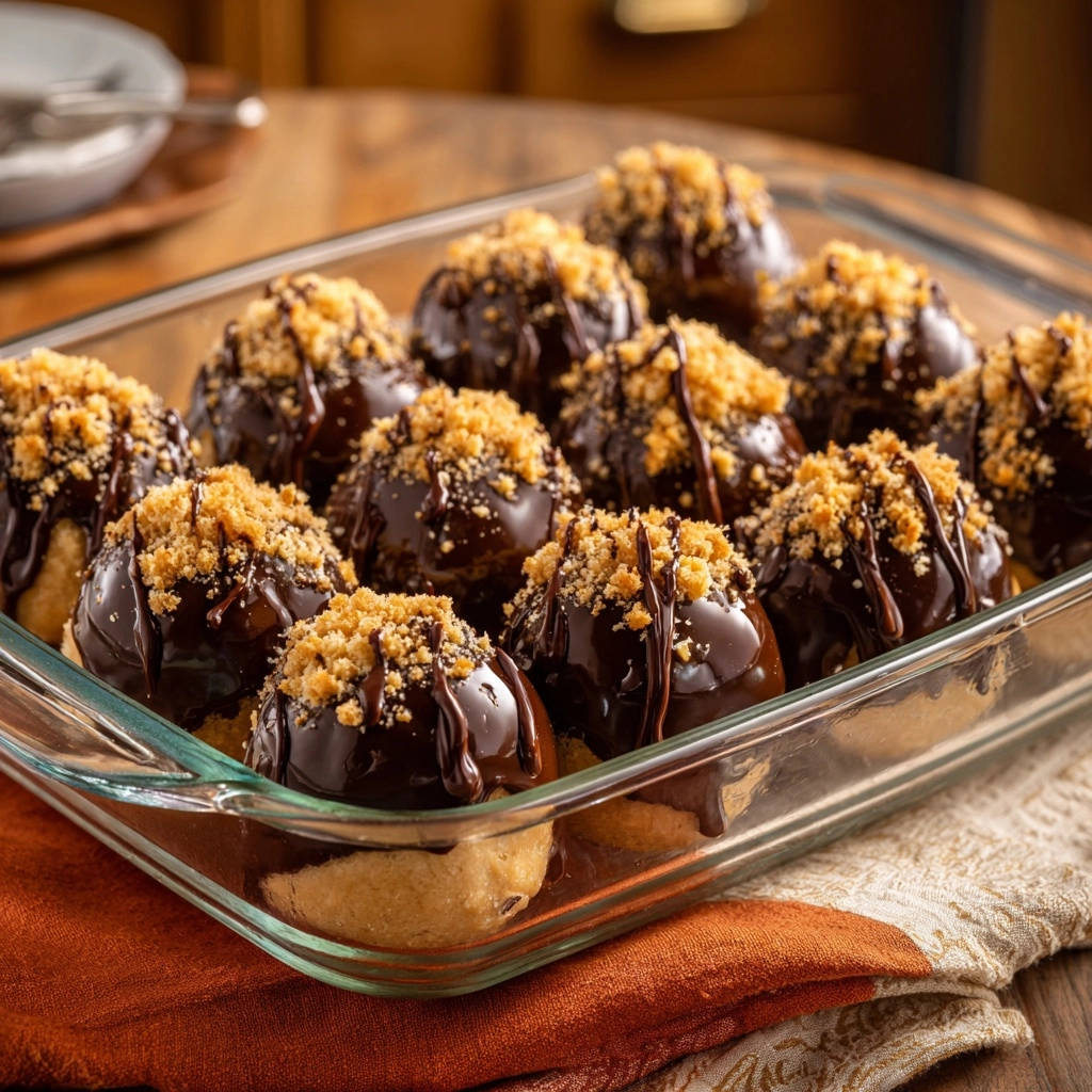 Chocolate-dipped coconut cookie bites in a glass dish, topped with crumbs and chocolate drizzle.