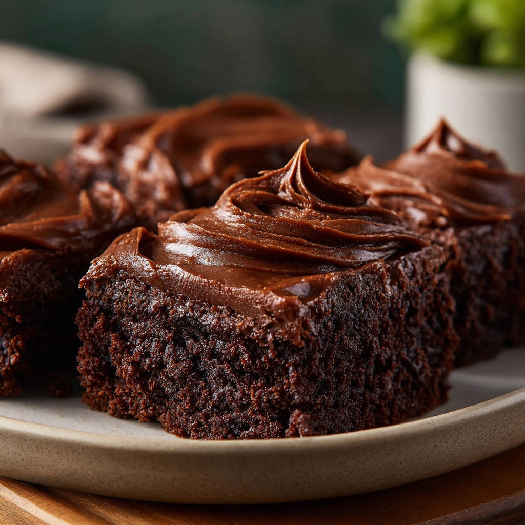 Decadent chocolate fudge cake frosted with rich chocolate icing, shown in a close-up of several moist slices.