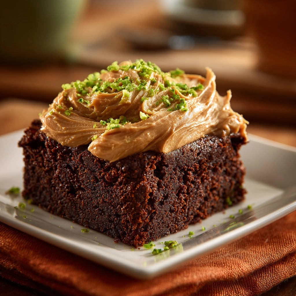Decadent chocolate peanut butter cake, a single serving topped with peanut butter frosting and lime zest garnish.