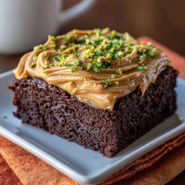 Decadent chocolate peanut butter cake slice topped with creamy peanut butter frosting and chopped pistachios.