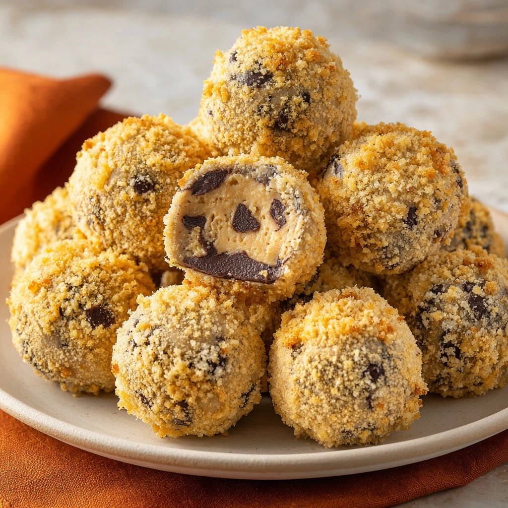 Chocolate peanut butter truffle bites showing a cross-section with creamy peanut butter filling and chocolate chips, coated in crumbs.