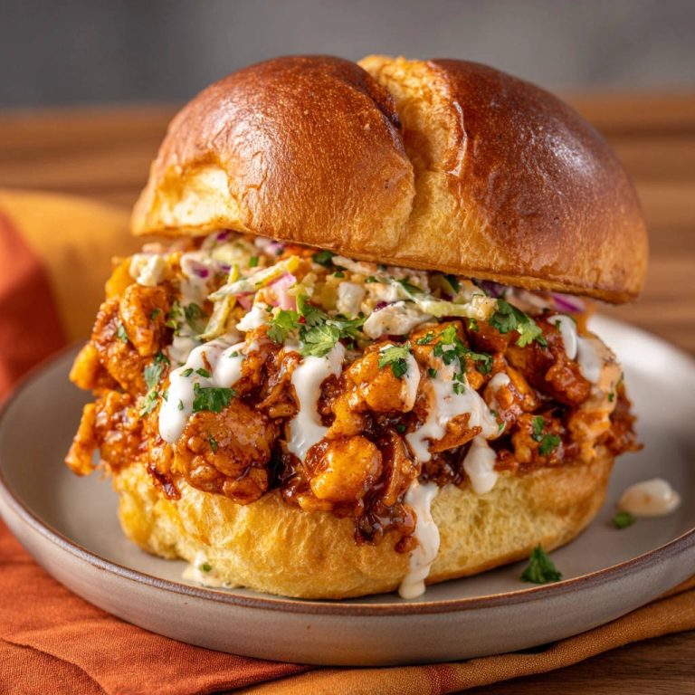 Chopped BBQ chicken sandwiches drizzled with creamy sauce and topped with coleslaw, presented on a brioche bun.