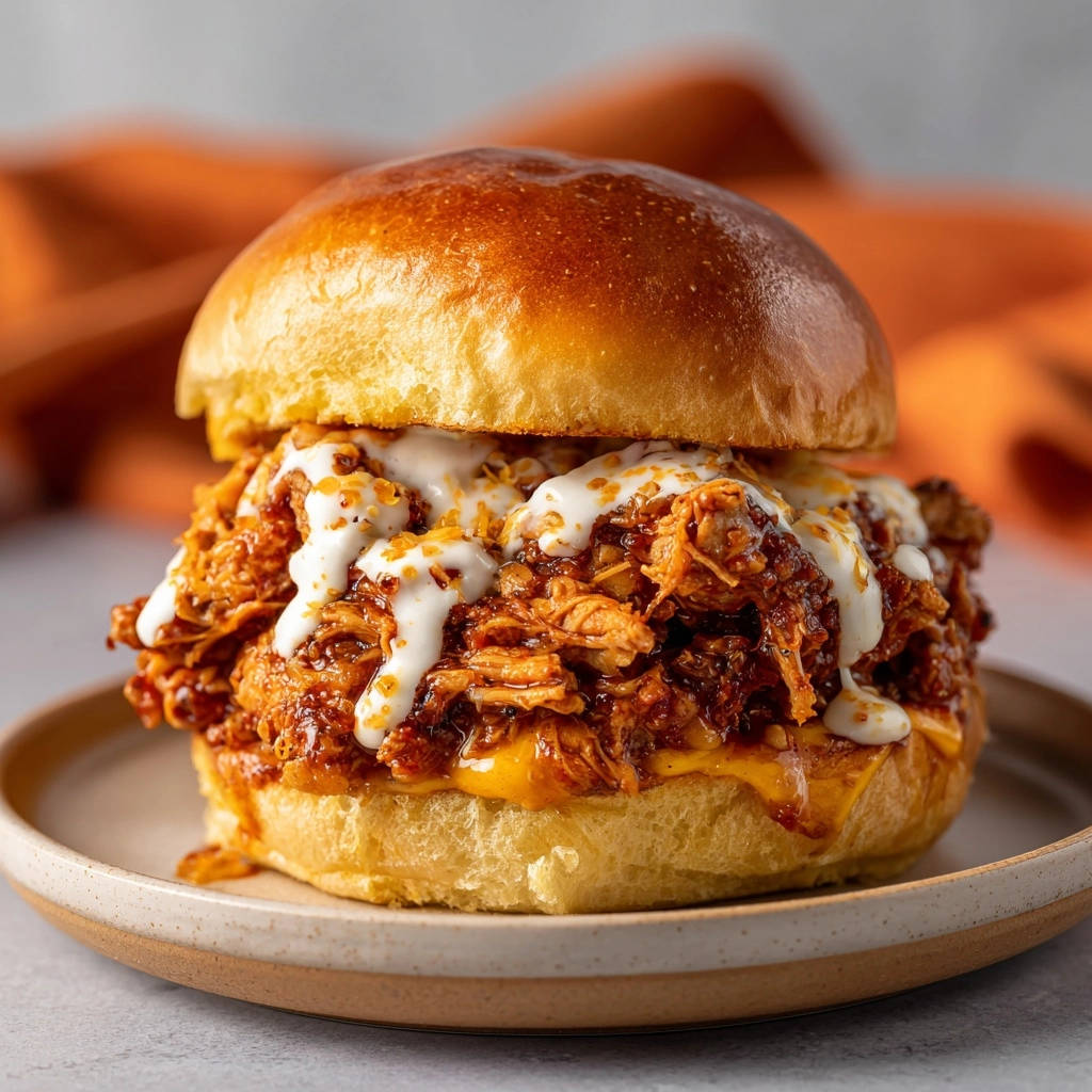 Chopped BBQ chicken sandwiches are generously drizzled with creamy sauce and served on a bun.