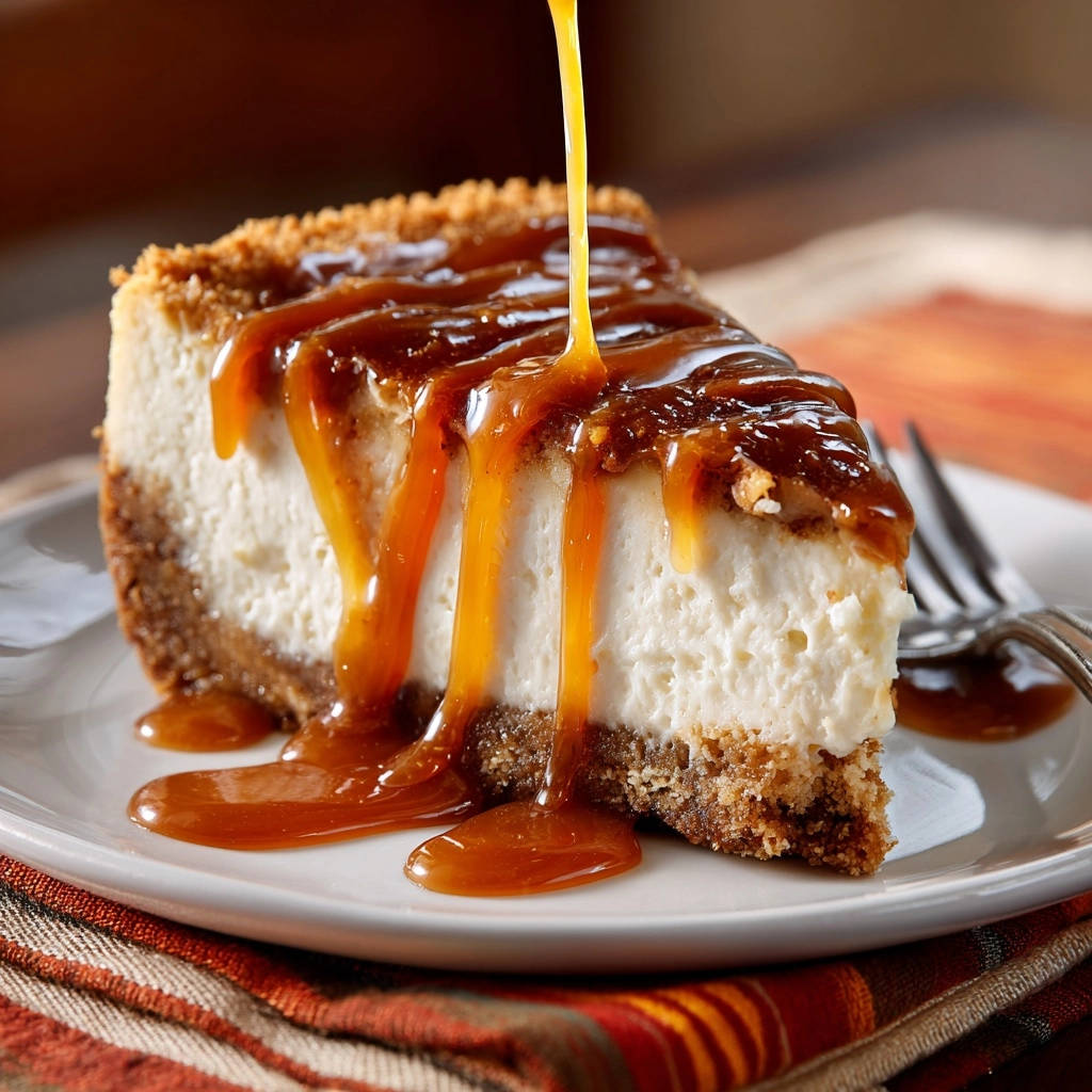Classic Caramel Cheesecake, a rich slice drizzled generously with glossy caramel sauce.
