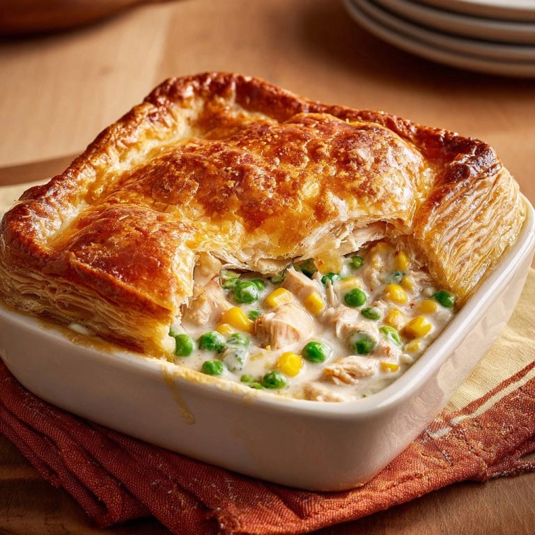 Classic chicken pot pie with a golden, puffy pastry crust revealing the creamy filling inside.