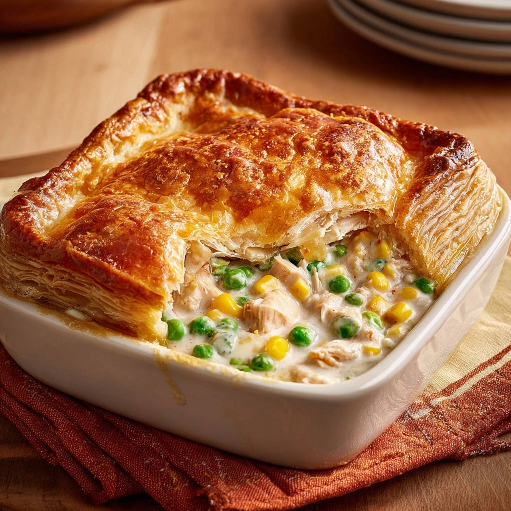 Classic chicken pot pie with a golden, puffy pastry crust revealing the creamy filling inside.