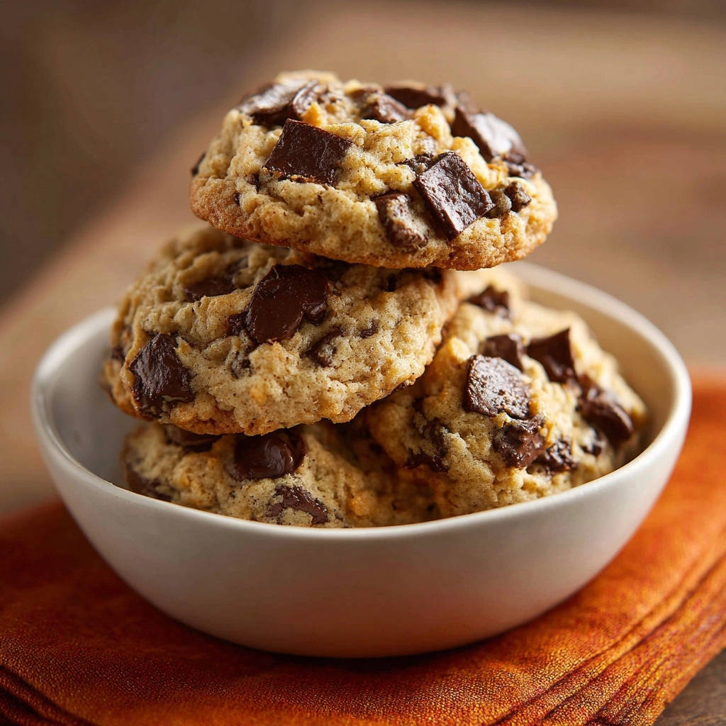 Classic chocolate chip cookies, thick and chewy, stacked in a white bowl on an orange napkin.