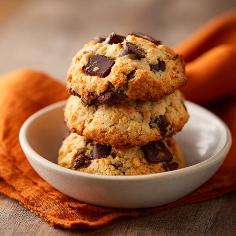 Classic chocolate chip cookies, thick and chewy, stacked in a white bowl with an orange napkin.