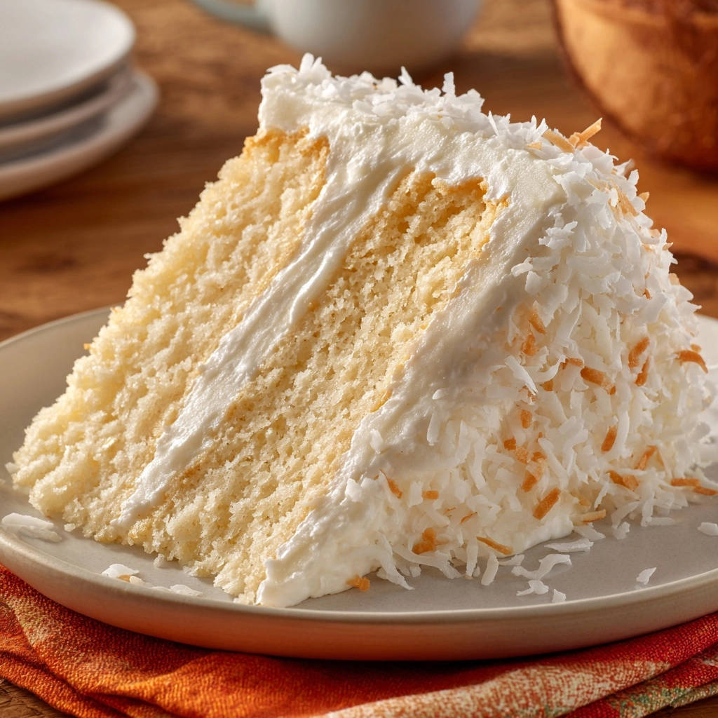 Classic coconut layer cake slice showing a fluffy cross-section with white frosting and shredded coconut.