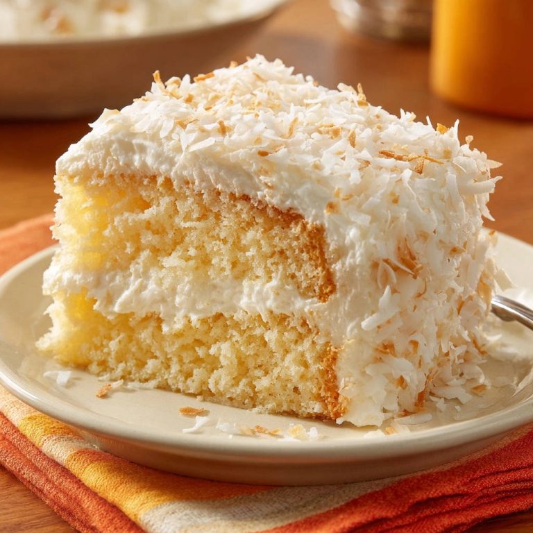 Classic coconut layer cake slice showing a fluffy interior and creamy frosting topped with toasted coconut flakes.