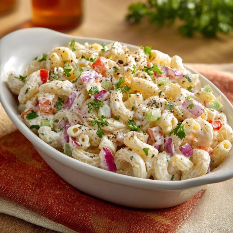 Classic macaroni salad in a white bowl, a creamy dish generously seasoned with black pepper and garnished with fresh parsley.