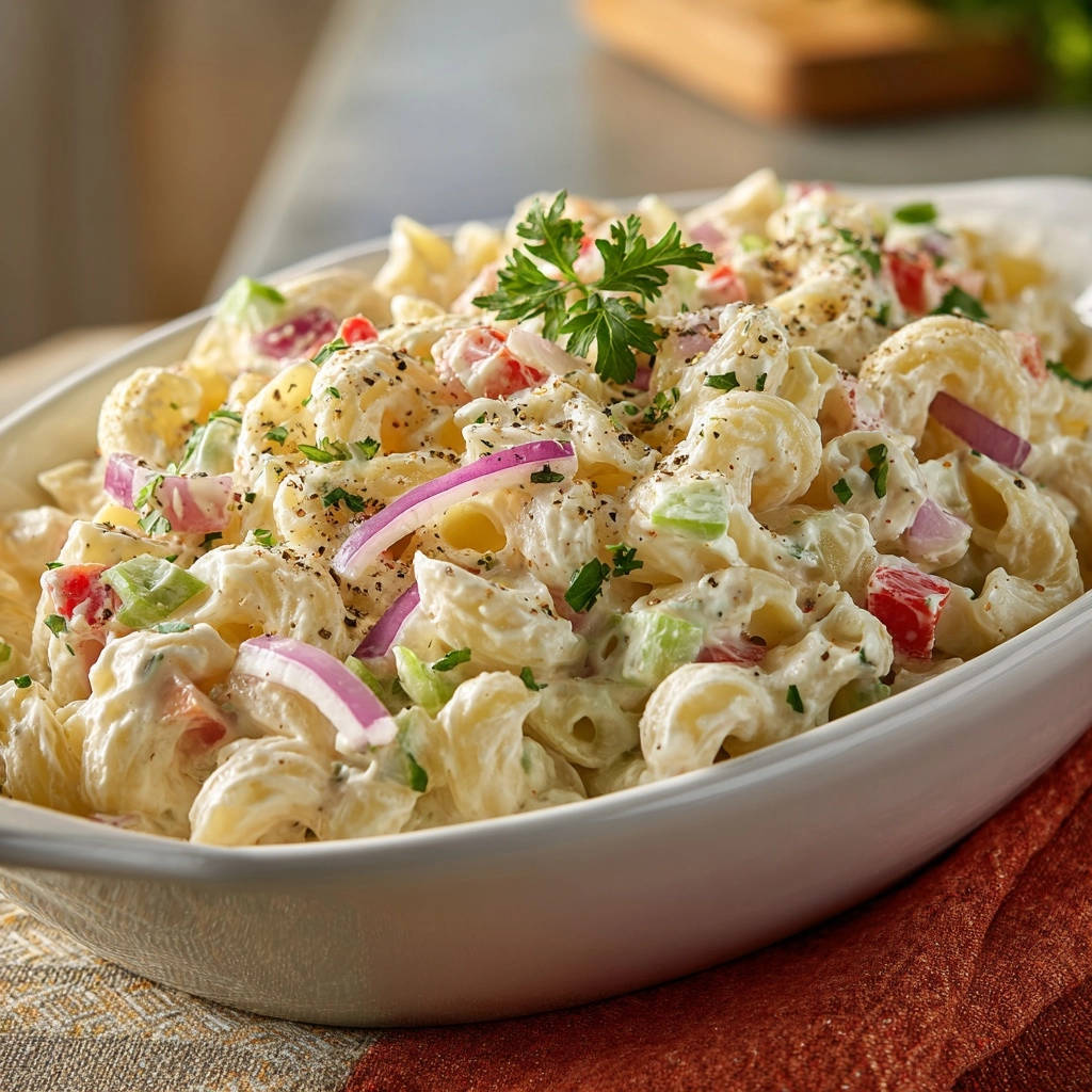 Classic macaroni salad with a creamy dressing, mixed with red onion, celery, and bell peppers.
