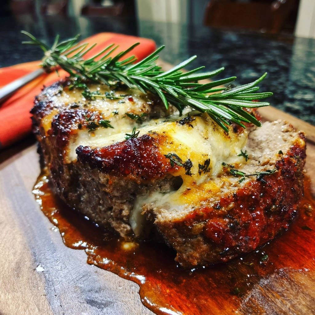 Classic meatloaf showing a cheesy interior with a rosemary garnish and rich glaze.