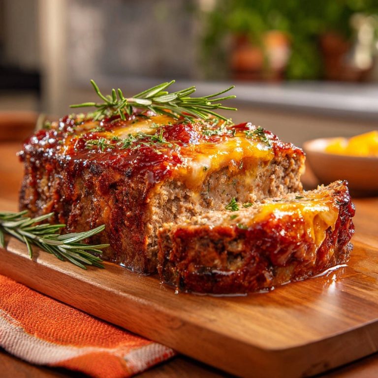 Classic meatloaf with a glistening glaze and melted cheese, shown in a close-up cross-section revealing its tender interior.