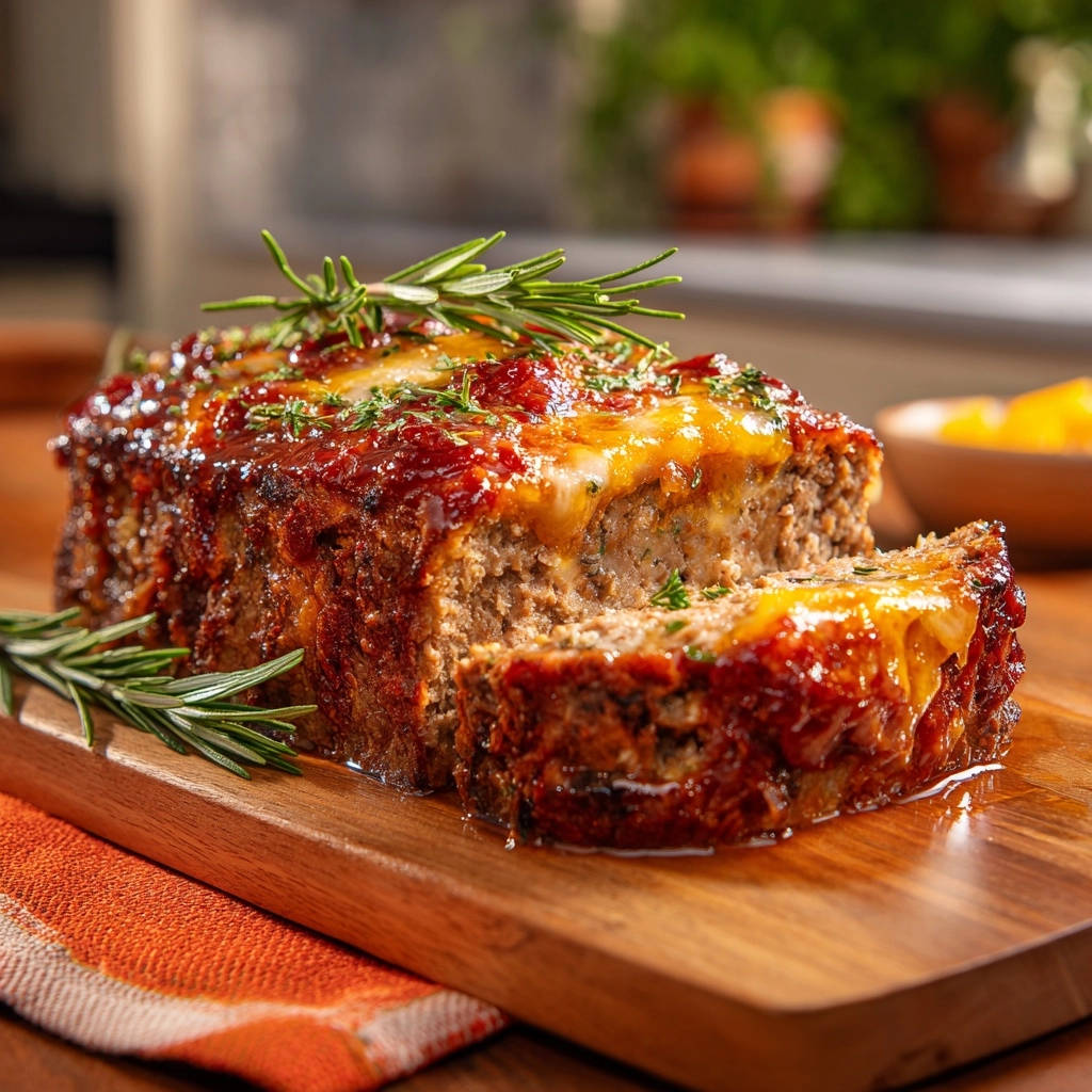 Classic meatloaf with a glistening glaze and melted cheese, shown in a close-up cross-section revealing its tender interior.