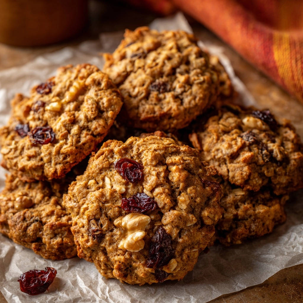 Classic oatmeal cookies with visible walnuts and dried cranberries, showcasing their chewy texture.
