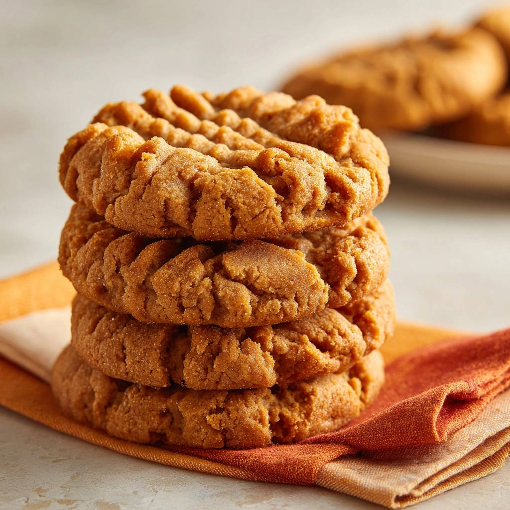 Classic peanut butter cookies, perfectly soft and chewy, stacked high on a folded orange and beige napkin.