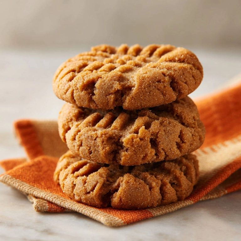 Classic peanut butter cookies, soft and chewy, stacked three high on an orange and tan striped napkin.