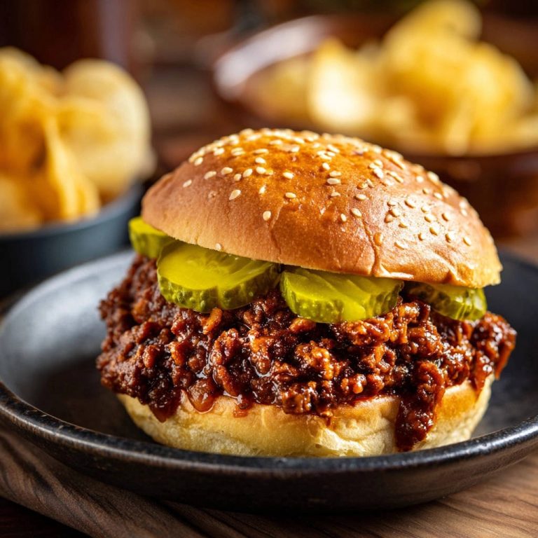 Classic Sloppy Joes served on a sesame seed bun with pickle slices, a close-up view.
