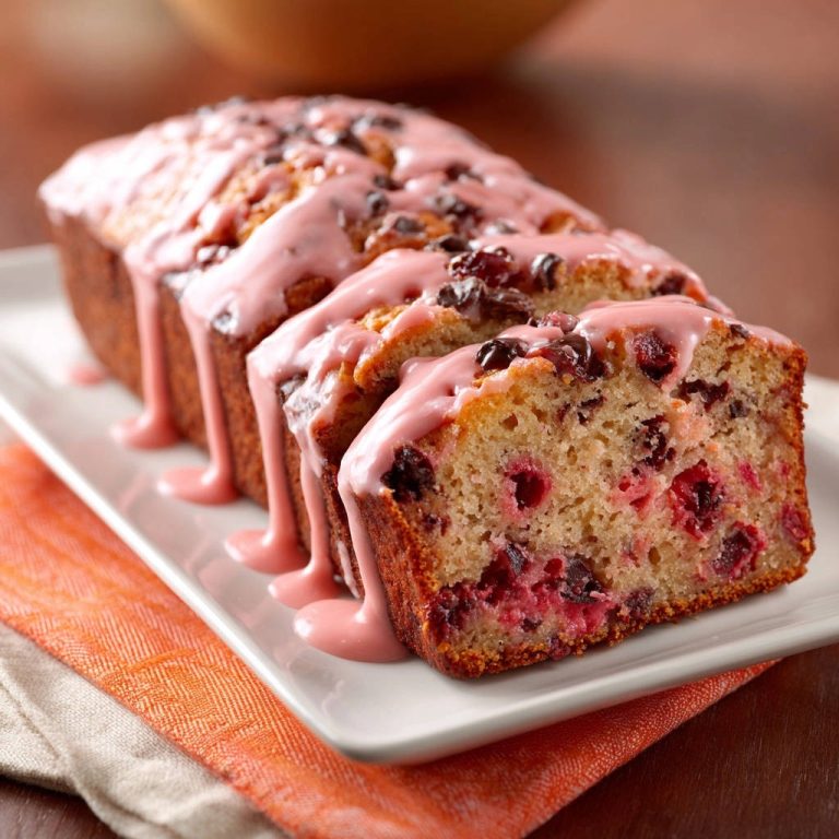 Cranberry chocolate chip loaf sliced to show the interior with pink glaze drizzled over the top.