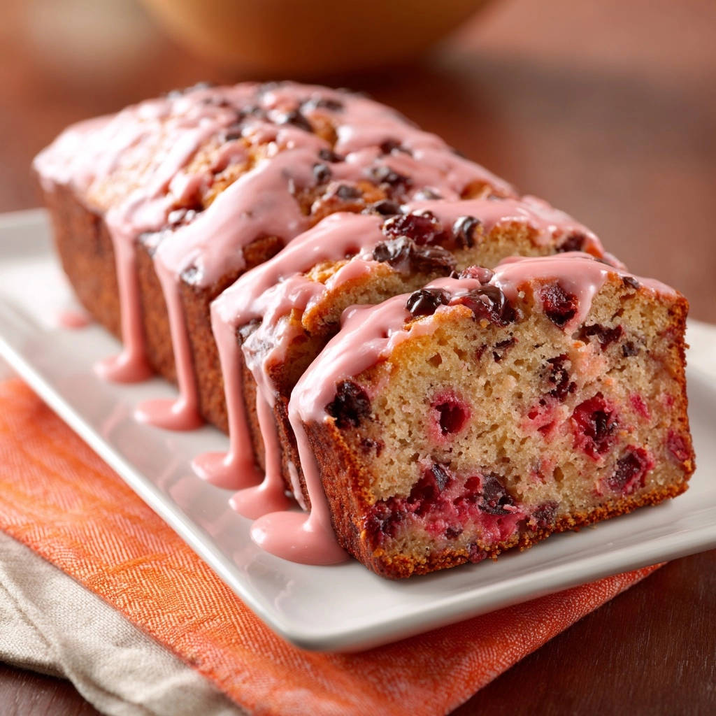 Cranberry chocolate chip loaf sliced to show the interior with pink glaze drizzled over the top.