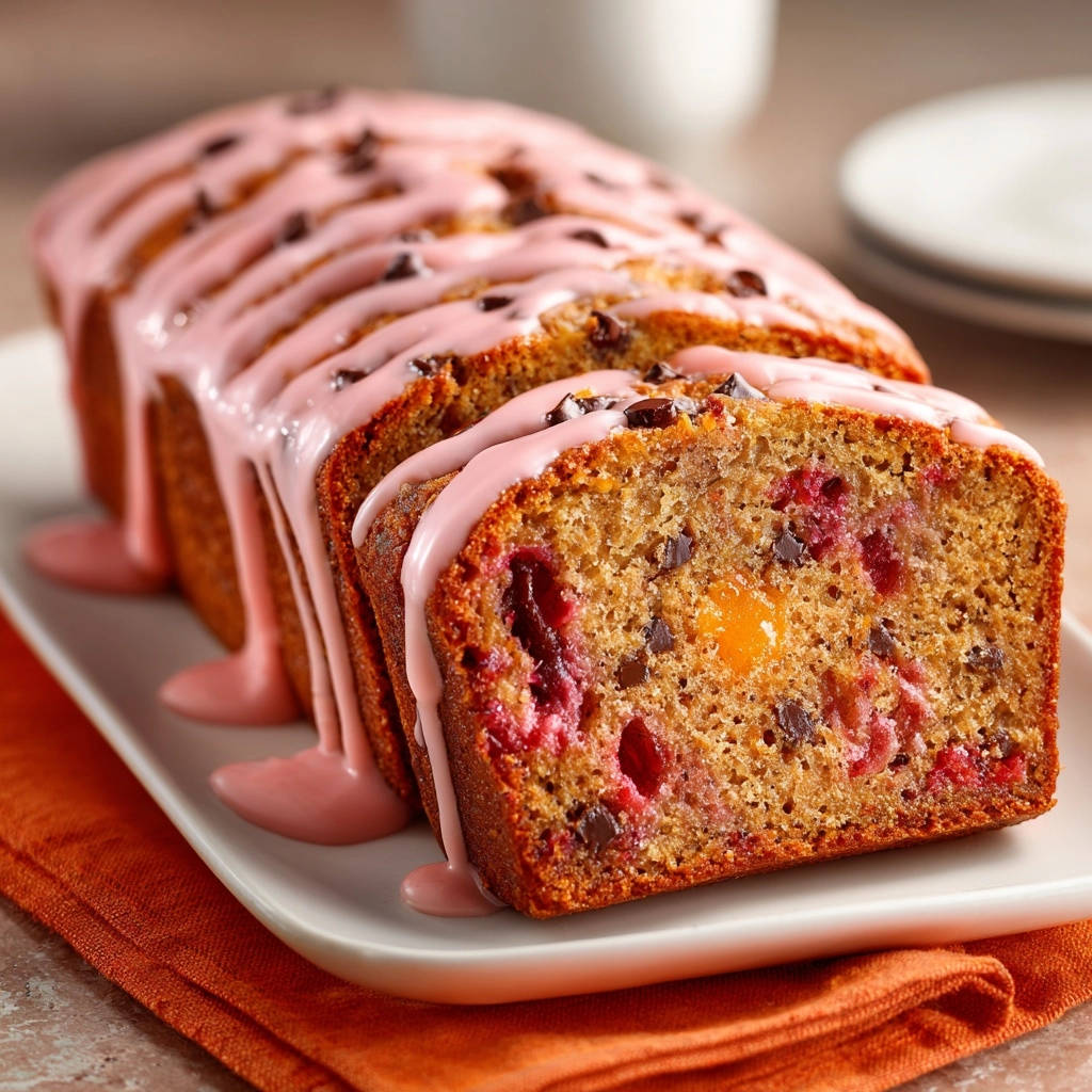 Cranberry chocolate chip loaf, sliced to reveal a moist cross-section with fruit and chocolate chips.