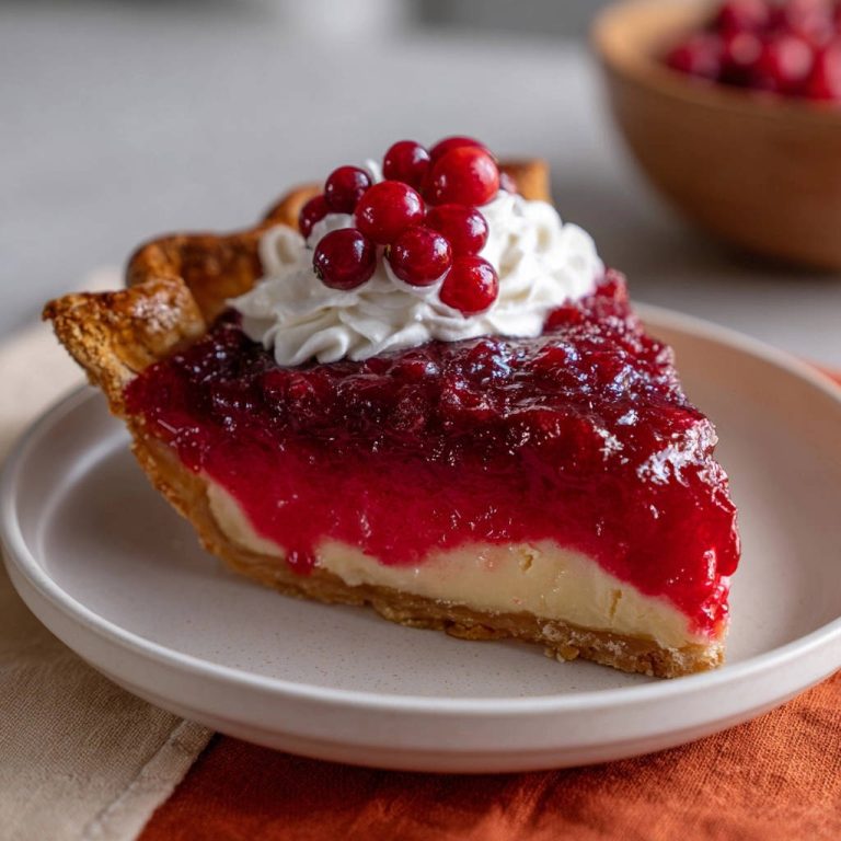 Cranberry cream layer pie slice close-up showing the distinct layers and fresh cranberry garnish on a white plate.