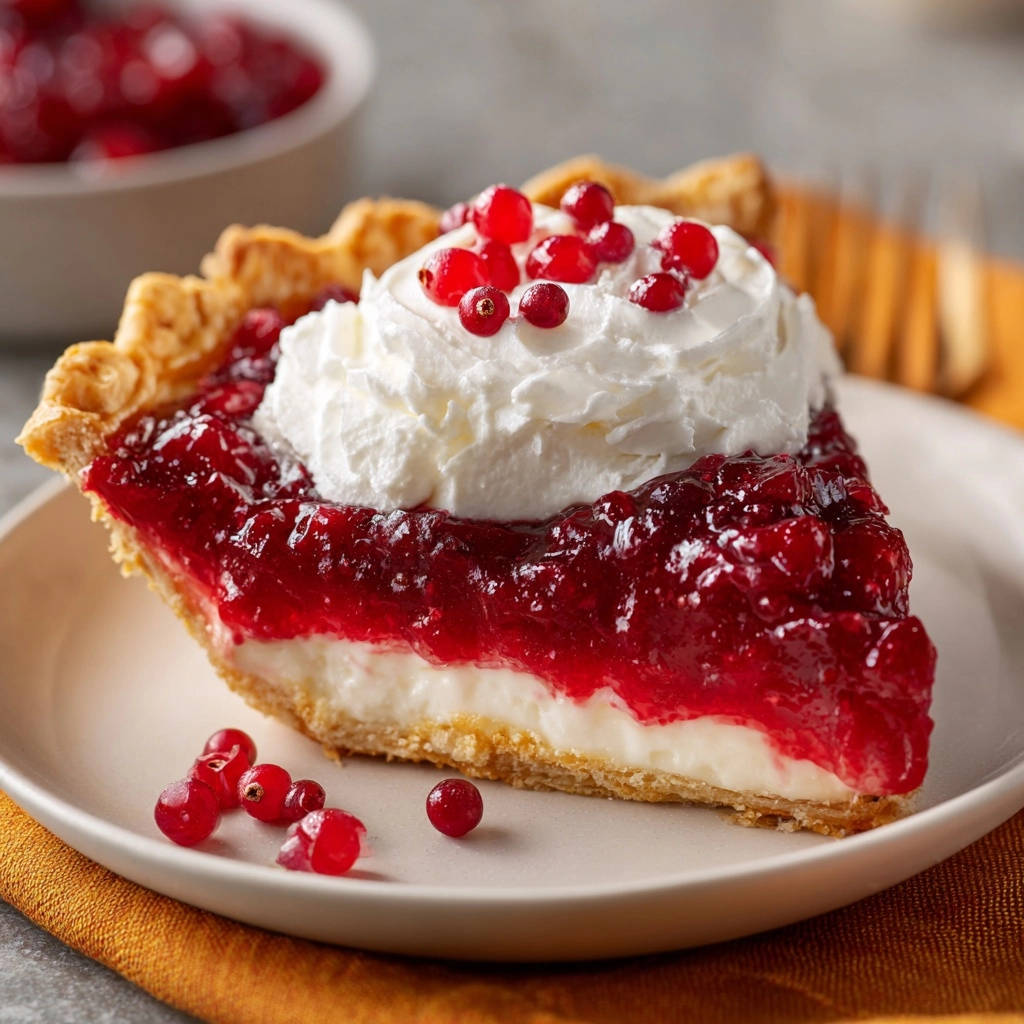 Cranberry cream layer pie slice closeup with whipped topping and fresh cranberries, showcasing the distinct filling layers.