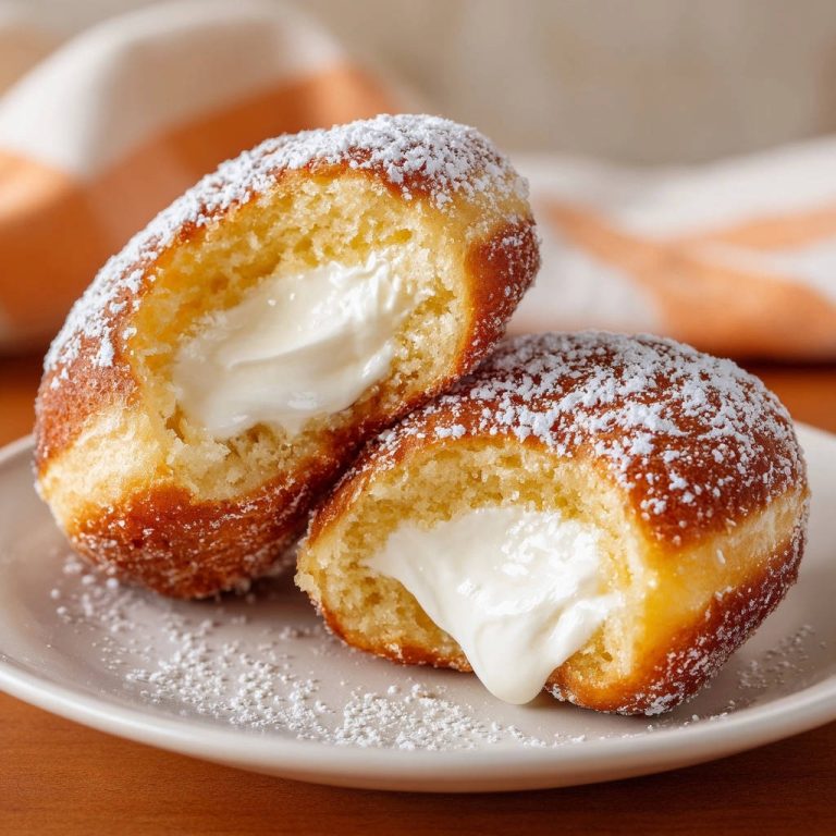 Classic cream filled doughnuts shown in a cross-section, revealing their rich, creamy interior dusted with powdered sugar.