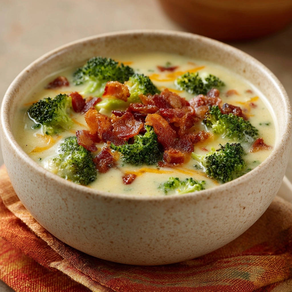 Creamy broccoli cheddar soup featuring a generous topping of crispy bacon and melted cheese.