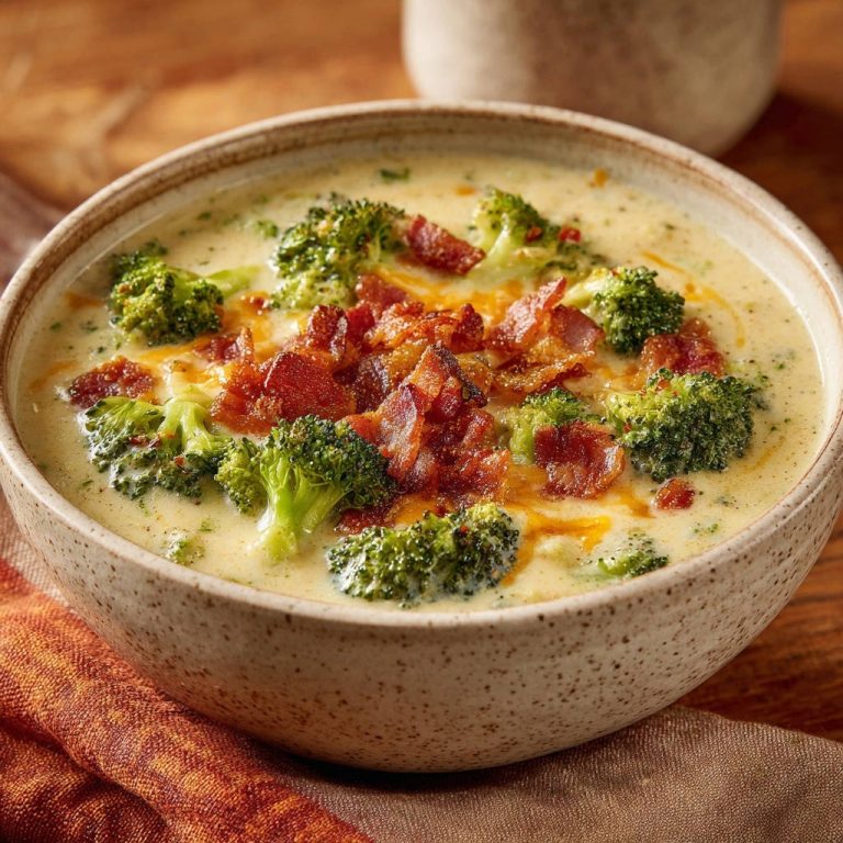 Creamy broccoli cheddar soup generously garnished with crispy bacon and shredded cheese in a rustic bowl.