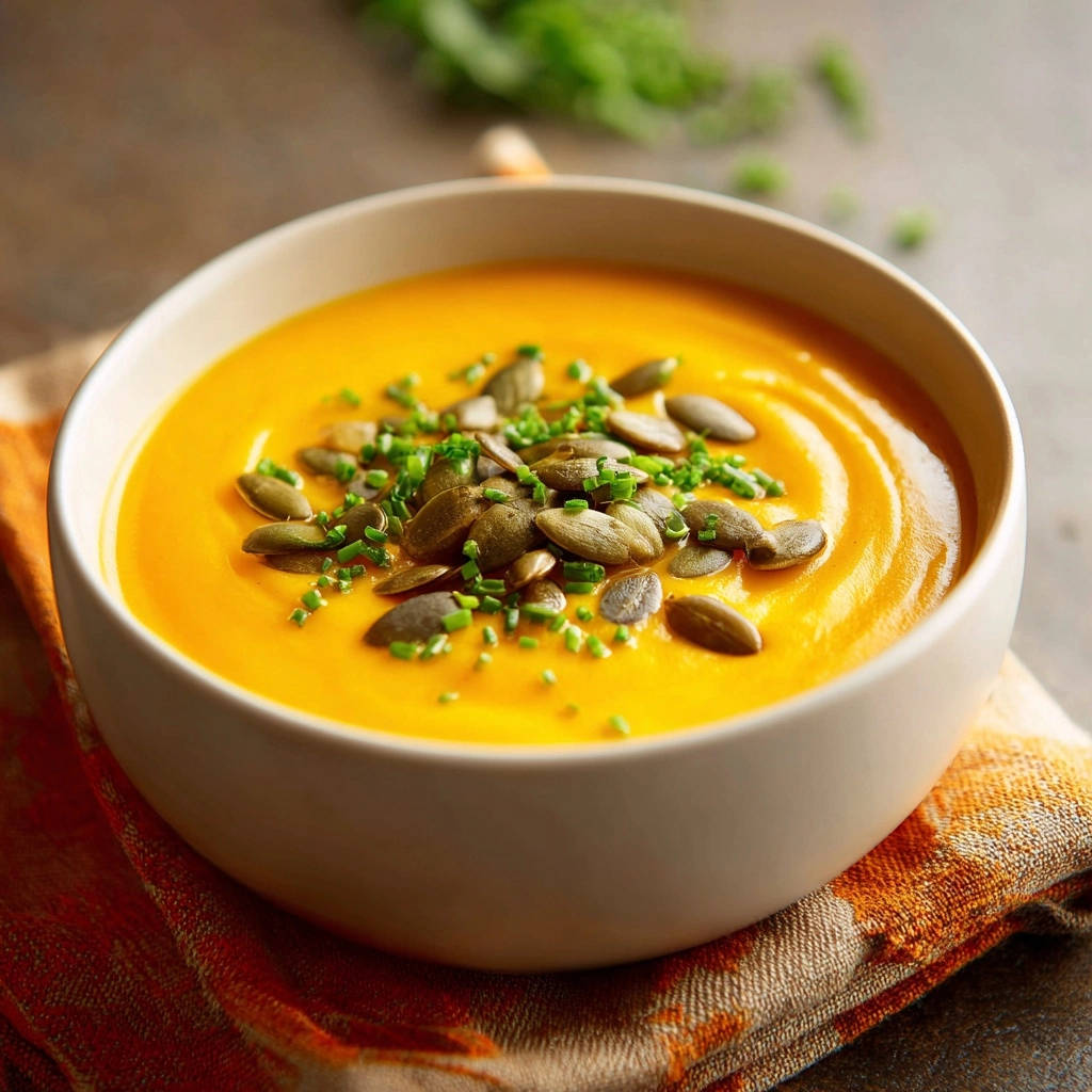 Creamy butternut squash soup garnished with pumpkin seeds and chives in a bowl.