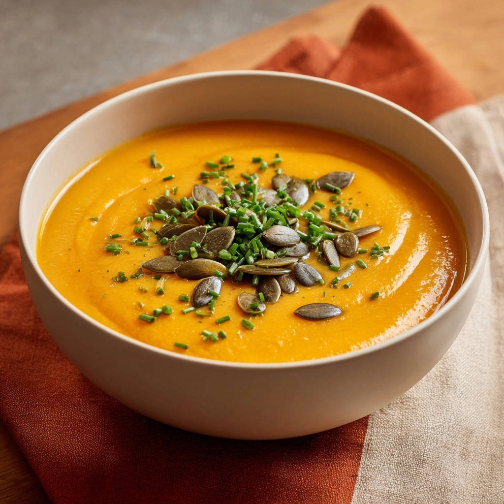 Creamy butternut squash soup garnished with pumpkin seeds and chives in a bowl.
