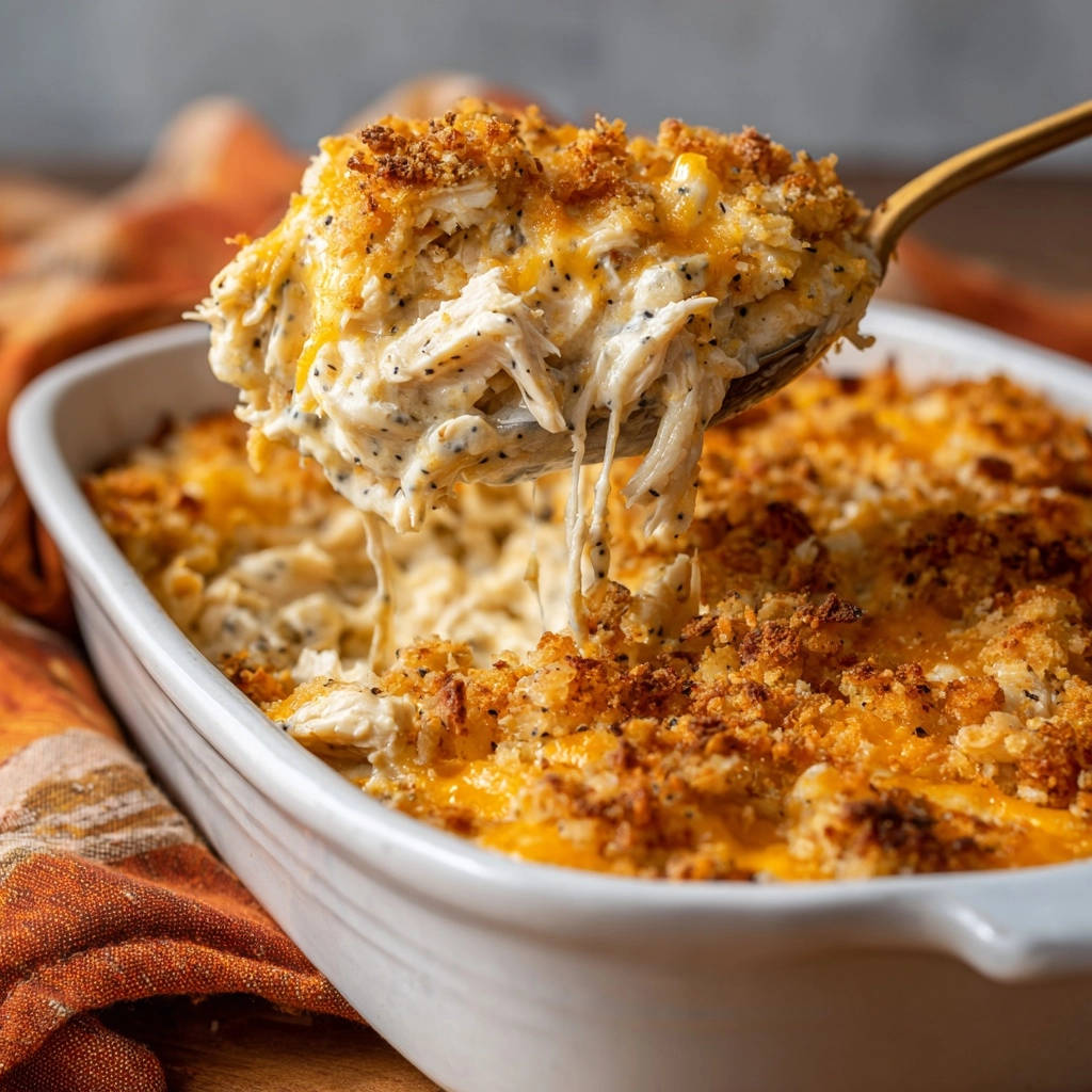 Creamy cheesy chicken bake with a golden brown topping, shown in a close-up scoop being lifted from the dish.