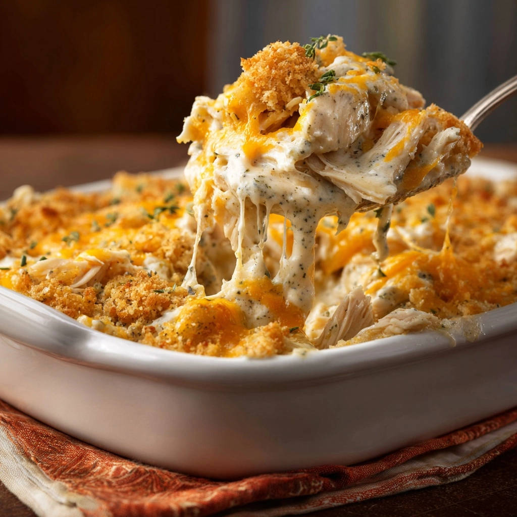 Creamy cheesy chicken bake shown with a spoonful lifting up, revealing gooey melted cheese strings.