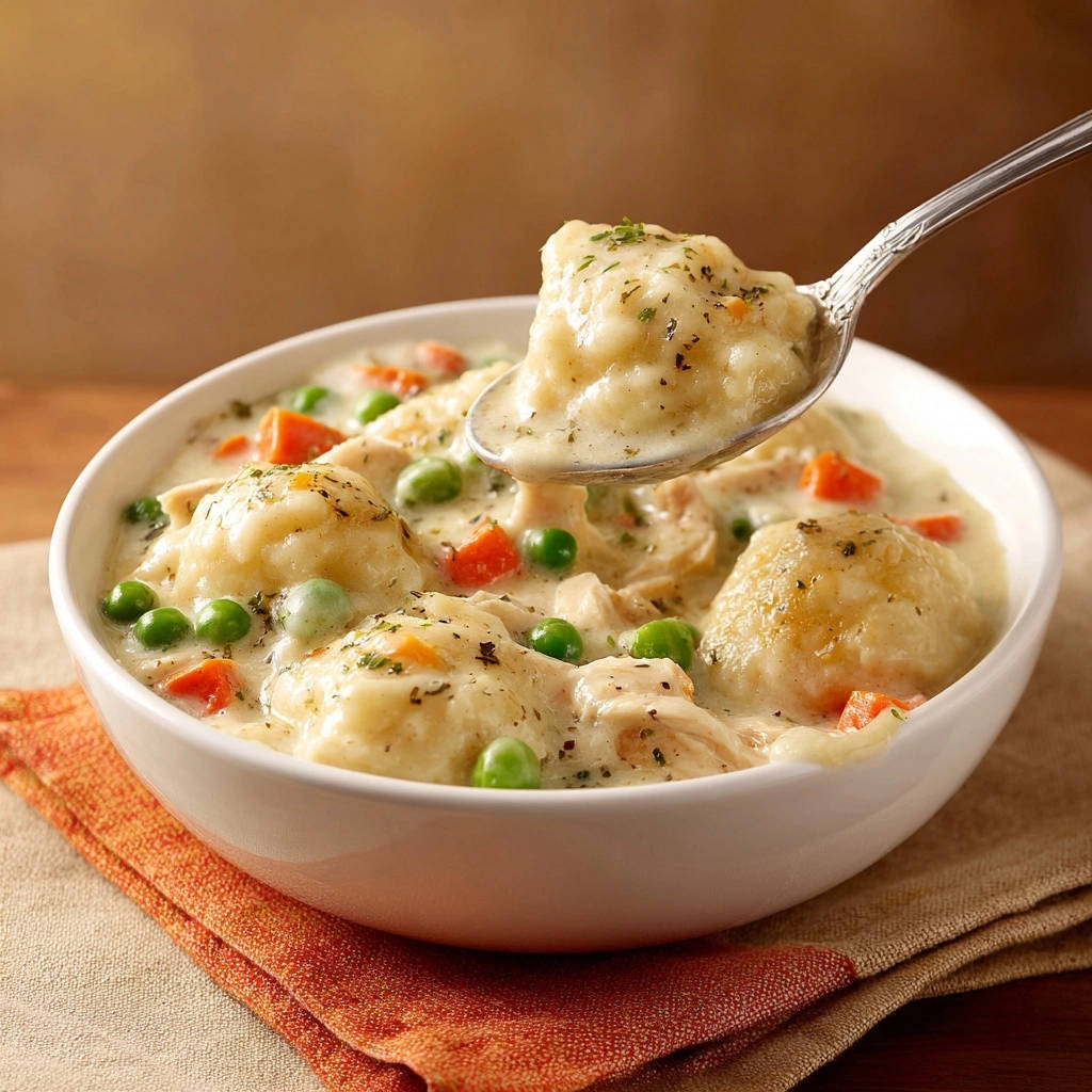 Creamy chicken and dumplings with a spoonful being lifted, showing the light, fluffy texture of the dumplings and creamy sauce.