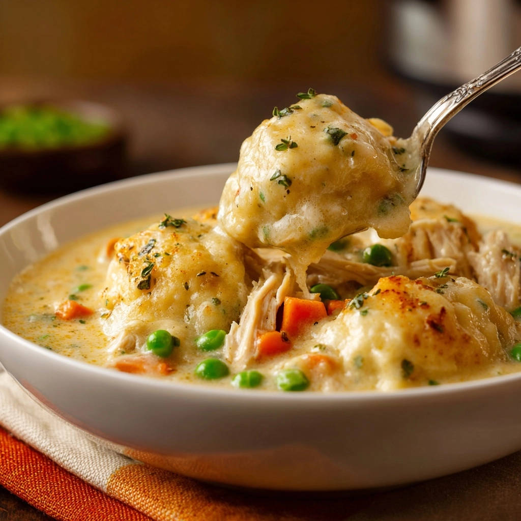 Creamy chicken and dumplings shown in a close-up with a spoonful lifted, highlighting the light dumplings and tender chicken.