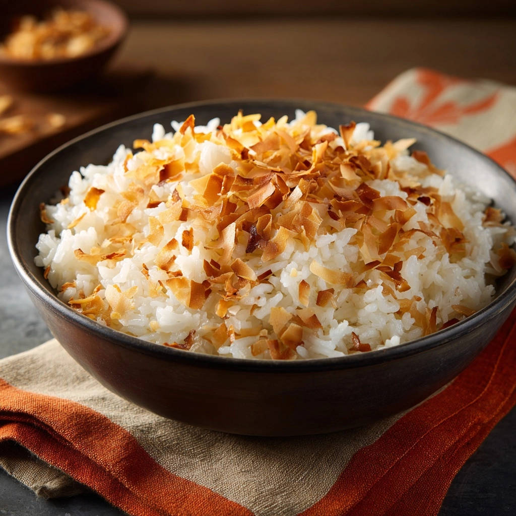 Creamy coconut rice with a generous topping of toasted coconut flakes in a dark bowl.