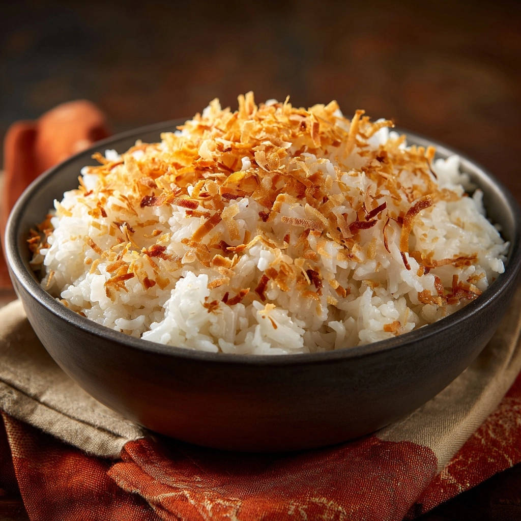 Creamy coconut rice with toasted flakes topping, shown in a dark bowl on a patterned napkin.