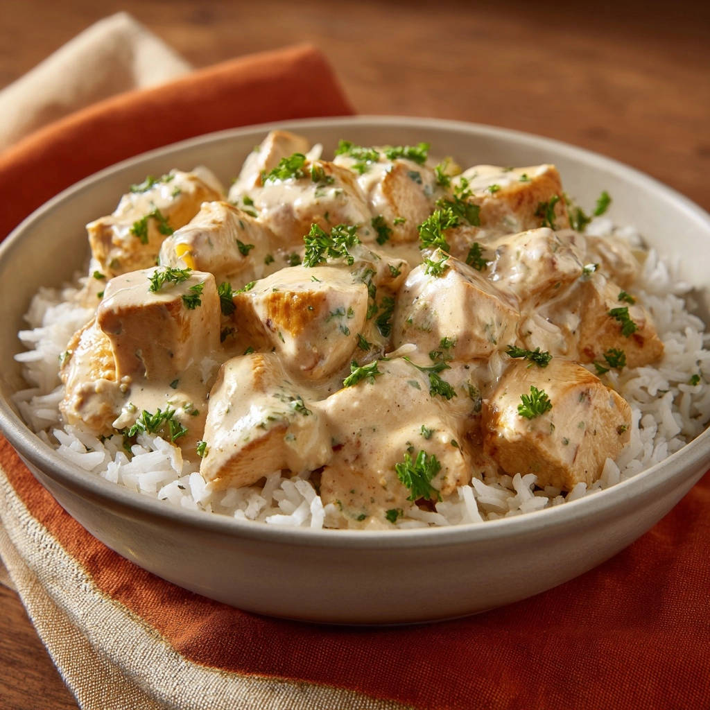 Creamy garlic herb chicken over rice served in a close-up bowl, garnished with fresh parsley.