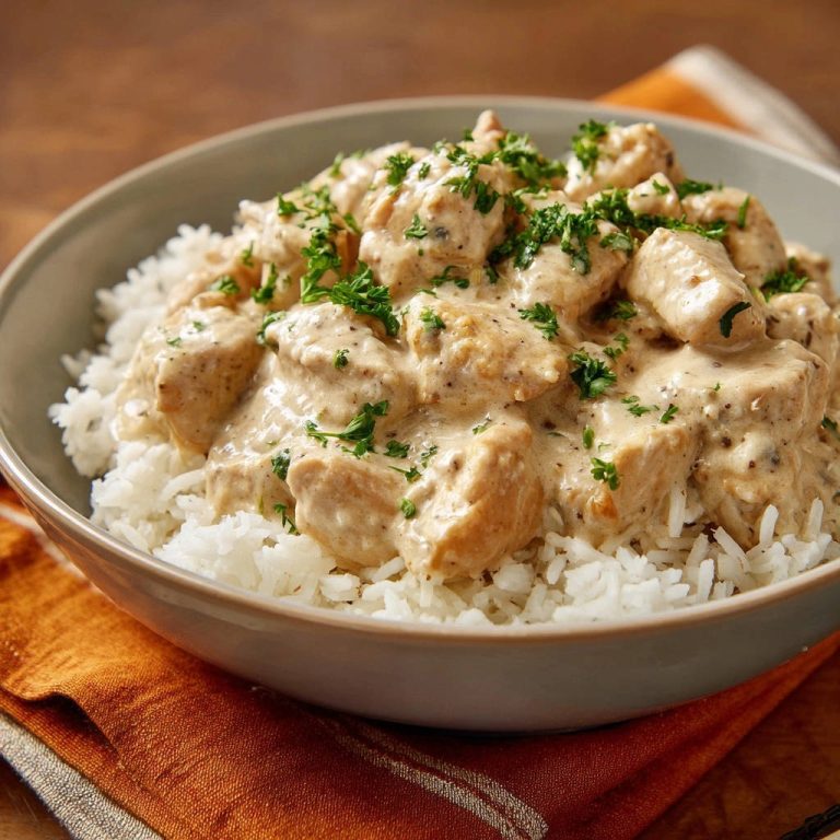 Creamy garlic herb chicken over rice served in a bowl, showcasing the tender chicken and creamy sauce with fresh parsley garnish.