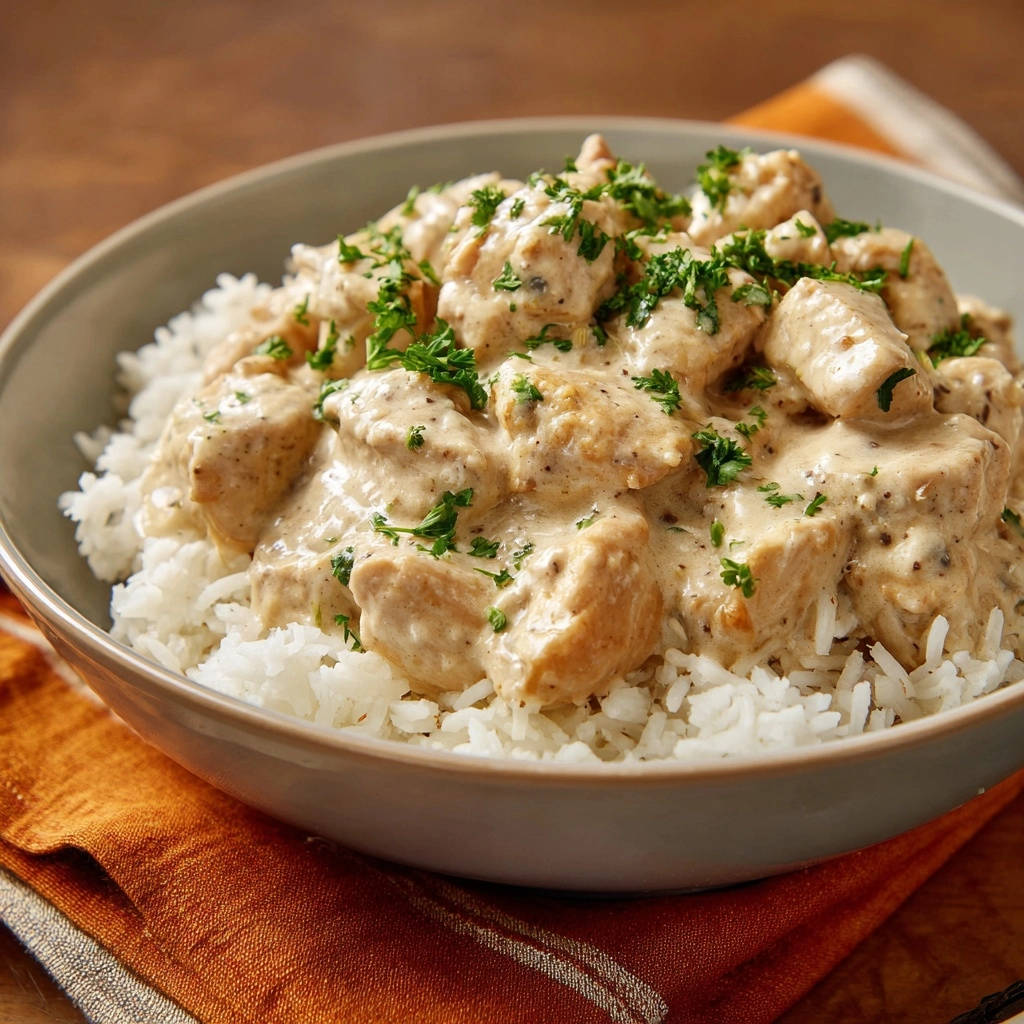 Creamy garlic herb chicken over rice served in a bowl, showcasing the tender chicken and creamy sauce with fresh parsley garnish.