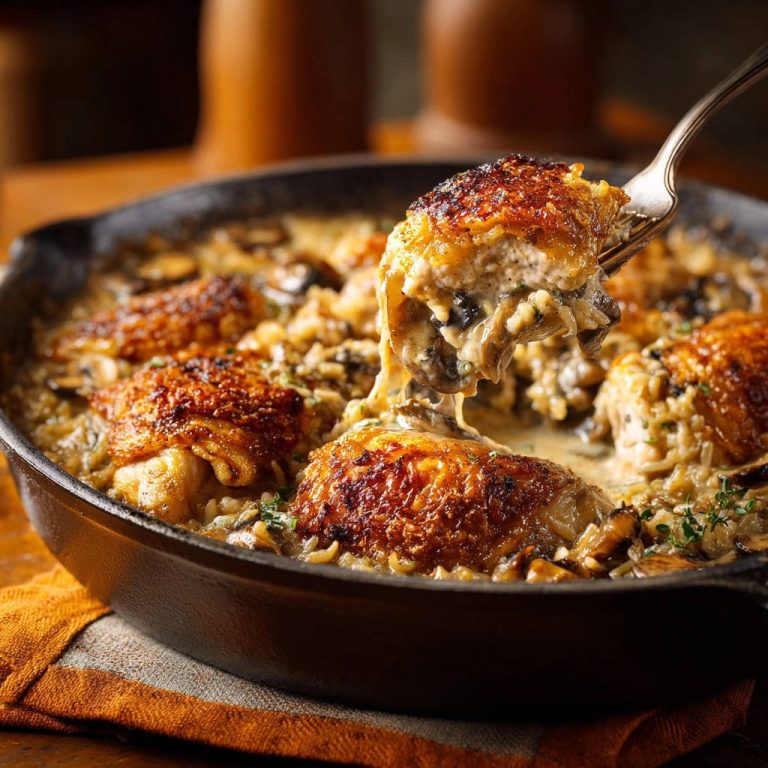 One-pan creamy mushroom chicken and rice with a fork lifting a piece showing crispy skin and juicy interior.