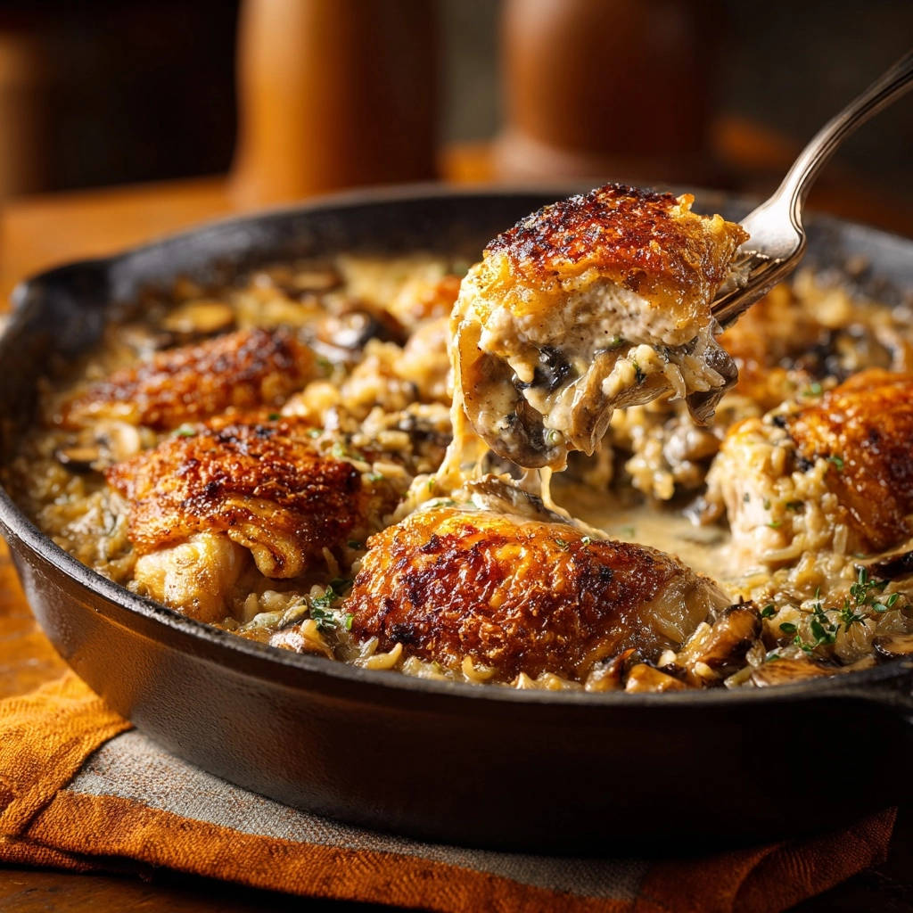 One-pan creamy mushroom chicken and rice with a fork lifting a piece showing crispy skin and juicy interior.
