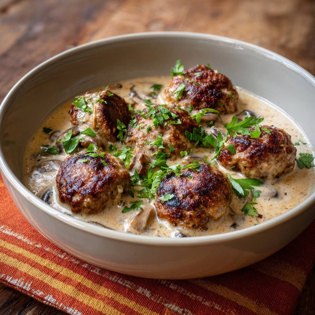 Creamy mushroom meatballs served in a bowl, generously garnished with fresh parsley for added flavor and visual appeal.