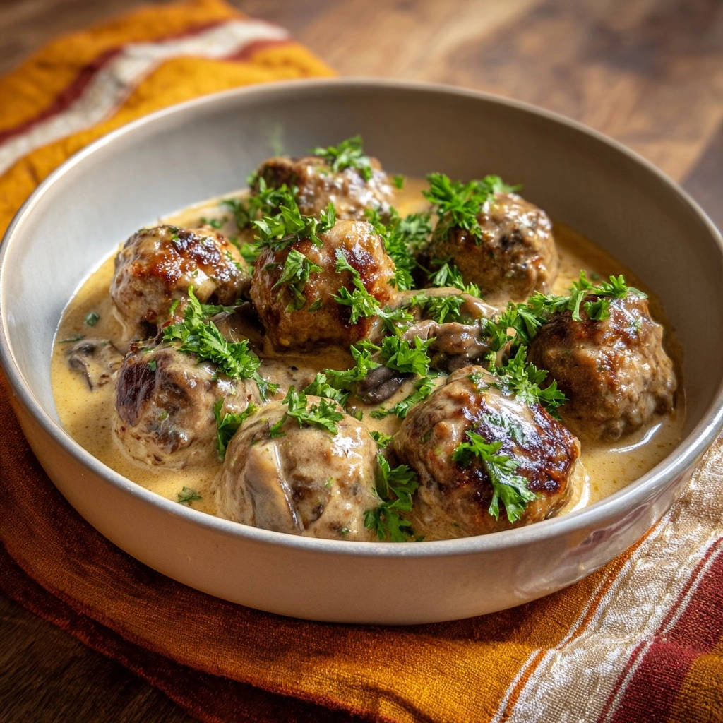 Creamy mushroom meatballs in a bowl, garnished with fresh parsley, showcasing the rich sauce.